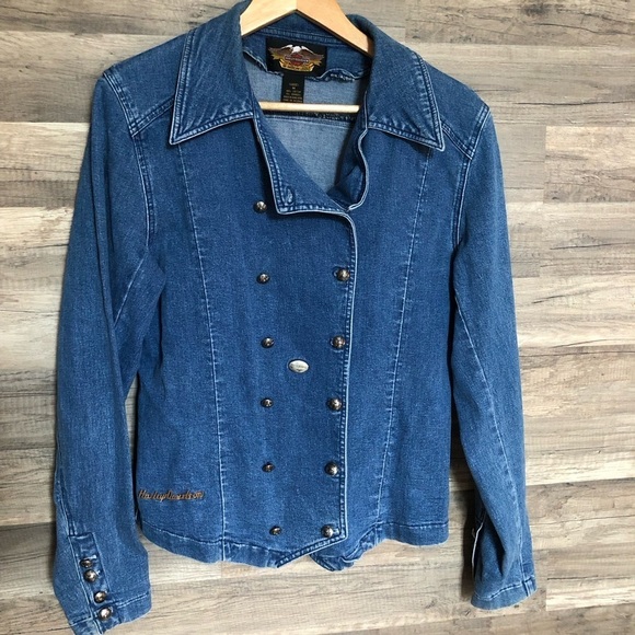 Harley-Davidson Y2K Double-Breasted Denim Jean Jacket Medium - Picture 10 of 11